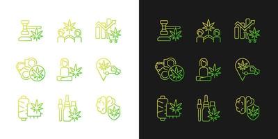 Marijuana plant use gradient icons set for dark and light mode. Cannabis laws. Herbal medicine. Thin line contour symbols bundle. Isolated vector outline illustrations collection on black and white