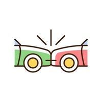Head-on collision RGB color icon. Frontal crash. Two vehicles collide into one another. Auto accident. Cars driving in opposite directions. Isolated vector illustration. Simple filled line drawing