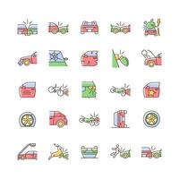 Car accident types RGB color icons set. Road traffic crashes. Distracted driving. Property damage. Risk for serious injury. Isolated vector illustrations. Simple filled line drawings collection