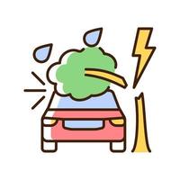 Weather related damage RGB color icon. Tree falling on car. Outdoor parking. Windscreen damage. Storm-related incident. Extreme weather event. Isolated vector illustration. Simple filled line drawing