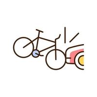 colisión de coche con el icono de color ciclista rgb. Accidente con ciclista y conductor. circular por la vía pública. colisión coche-bicicleta. accidente de bicicleta. ilustración vectorial aislada. dibujo lineal relleno simple vector