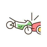 Collision with motorcycle RGB color icon. Dangerous situation for motorcyclist. Car accident. Head-on collision. Driver negligence. Isolated vector illustration. Simple filled line drawing