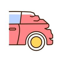 Broken boot RGB color icon. Bumping vehicle from behind. Visible external damage. Rear-end collision. Trunk malfunction. Traffic accident. Isolated vector illustration. Simple filled line drawing