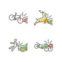 Conjunto de iconos de colores rgb de escenarios de colisión de tráfico. accidente de bicicleta. chocando con la vida silvestre. golpear a un peatón. accidente de motos. ilustraciones vectoriales aisladas. colección de dibujos de líneas rellenas simples vector