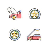Vehicle damage in car accident cases RGB color icons set. Mechanical breakdown. Automobile tire defects. Colliding with lamppost. Isolated vector illustrations. Simple filled line drawings collection