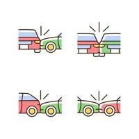 Vehicle crashes RGB color icons set. T-bone collision. Sideswipe car accident. Hitting auto from behind. Distracted driving. Isolated vector illustrations. Simple filled line drawings collection