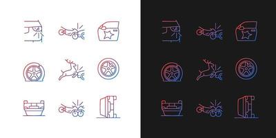 Common car crashes gradient icons set for dark and light mode. Rollover accidents. Thin line contour symbols bundle. Isolated vector outline illustrations collection on black and white