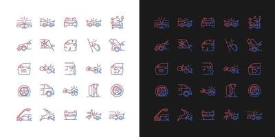 Car accident types gradient icons set for dark and light mode. Road traffic crashes. Thin line contour symbols bundle. Isolated vector outline illustrations collection on black and white