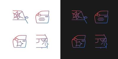 Auto accident types gradient icons set for dark and light mode. Windscreen damage. Scratch on car. Thin line contour symbols bundle. Isolated vector outline illustrations collection on black and white