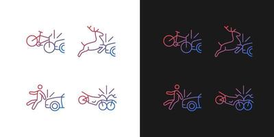 Traffic collision scenarios gradient icons set for dark and light mode. Bicycle crash. Thin line contour symbols bundle. Isolated vector outline illustrations collection on black and white