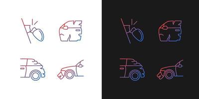 Auto body damage gradient icons set for dark and light mode. Scratches in vehicle exterior. Thin line contour symbols bundle. Isolated vector outline illustrations collection on black and white