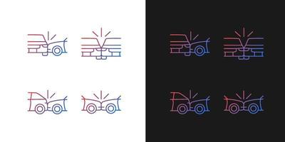 Vehicle crashes gradient icons set for dark and light mode. T-bone collision. Car accident. Thin line contour symbols bundle. Isolated vector outline illustrations collection on black and white