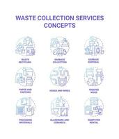 Waste collection services blue gradient concept icons set. Recycling and disposal idea thin line color illustrations. Garbage collection. Trash types. Vector isolated outline drawings