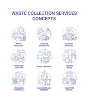 Waste collection services blue gradient concept icons set. Recycling and disposal idea thin line color illustrations. Garbage collection. Trash types. Vector isolated outline drawings