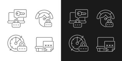 Laptop passwords linear icons set for dark and light mode. Computer safety requirement. Password management. Customizable thin line symbols. Isolated vector outline illustrations. Editable stroke