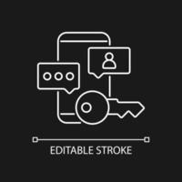 Social media password white linear icon for dark theme. Confidential user data. Password management. Thin line customizable illustration. Isolated vector contour symbol for night mode. Editable stroke