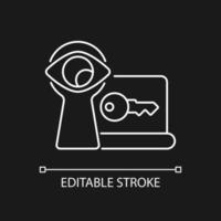 Shoulder surfing attack white linear icon for dark theme. Data breach. Password management. Thin line customizable illustration. Isolated vector contour symbol for night mode. Editable stroke
