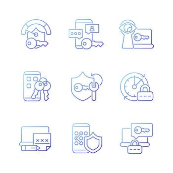 Password requirements gradient linear vector icons set. Internet safety. Cyberspace security. Password management. Thin line contour symbols bundle. Isolated outline illustrations collection