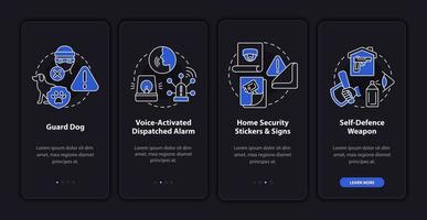 Burglary precaution onboarding mobile app page screen. Home security walkthrough 4 steps graphic instructions with concepts. UI, UX, GUI vector template with linear night mode illustrations