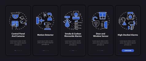 pantalla de la página de la aplicación móvil de incorporación del sistema de seguridad automatizado. tutorial de casa inteligente 5 pasos instrucciones gráficas con conceptos. ui, ux, plantilla de vector de interfaz gráfica de usuario con ilustraciones lineales en modo nocturno