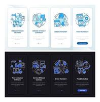 Waste collection service day, night onboarding mobile app page screen. Walkthrough 4 steps graphic instructions with concepts. UI, UX, GUI vector template with linear night and day mode illustrations