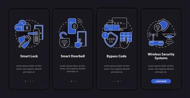 herramientas inteligentes para la protección del hogar incorporando la pantalla de la página de la aplicación móvil. tutorial de casa inteligente 4 pasos instrucciones gráficas con conceptos. ui, ux, plantilla de vector de interfaz gráfica de usuario con ilustraciones lineales en modo nocturno