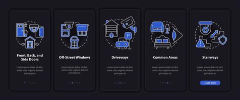 Camera surveillance onboarding mobile app page screen. Safety system walkthrough 5 steps graphic instructions with concepts. UI, UX, GUI vector template with linear night mode illustrations