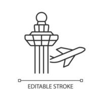 Icono lineal de la torre de control del aeropuerto de Changi. Observación visual desde la torre. control de tráfico aéreo. Ilustración personalizable de línea fina. símbolo de contorno. dibujo de contorno aislado vectorial. trazo editable vector