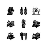 valores nacionales de Singapur iconos de glifos negros en espacios en blanco. calidad de vida. trajes tipicos. lugares de turismo. abalorios peranakan. símbolos de silueta. vector ilustración aislada
