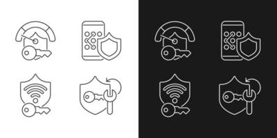 iconos lineales de contraseña del sistema establecidos para el modo oscuro y claro. bloqueo de teléfono inteligente. aplicación de cracker para la gestión de contraseñas. símbolos de línea fina personalizables. ilustraciones de contorno de vector aislado. trazo editable