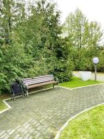 Wooden bench on walkway in park. photo.