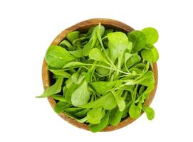 Wooden bowl with fresh green leaves of cornsalad photo