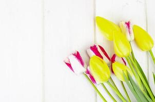 Jardín fresco tulipanes multicolores sobre mesa de madera blanca foto