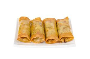 Spring rolls with chicken and vegetables on white plate photo