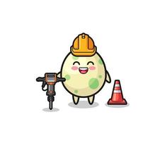 road worker mascot of spotted egg holding drill machine vector