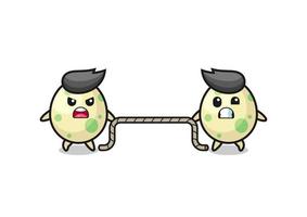 cute spotted egg character is playing tug of war game vector