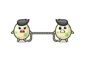 cute spotted egg character is playing tug of war game vector