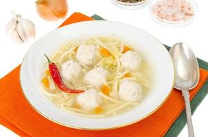 Broth with noodles and meat balls. Photo