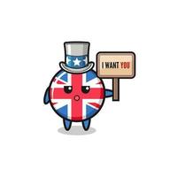 united kingdom flag cartoon as uncle Sam holding the banner I want you vector