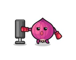 onion boxer cartoon doing training with punching bag vector