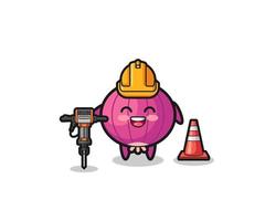 road worker mascot of onion holding drill machine vector