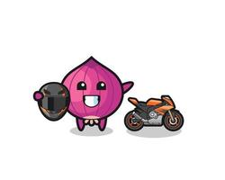 cute onion cartoon as a motorcycle racer vector