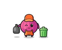 the mascot of cute onion as garbage collector vector