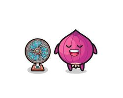 cute onion is standing in front of the fan vector