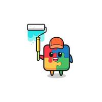 the puzzle painter mascot with a paint roller vector