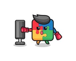 puzzle boxer cartoon doing training with punching bag vector