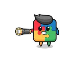 puzzle mascot holding flashlight vector