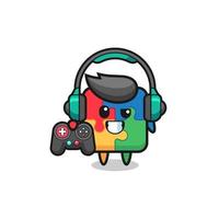puzzle gamer mascot holding a game controller vector
