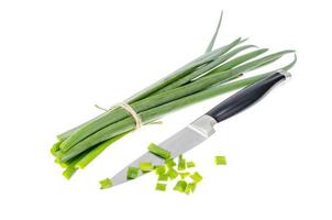 Bunch of fresh chives isolated on white background photo