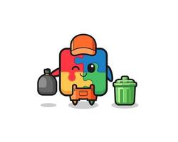 the mascot of cute puzzle as garbage collector vector